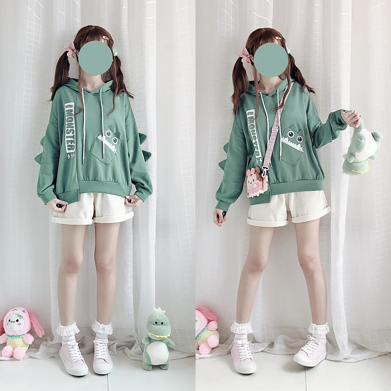 Корейский Харадзюку милые маленькие монстры шаблон с капюшоном длинным рукавом