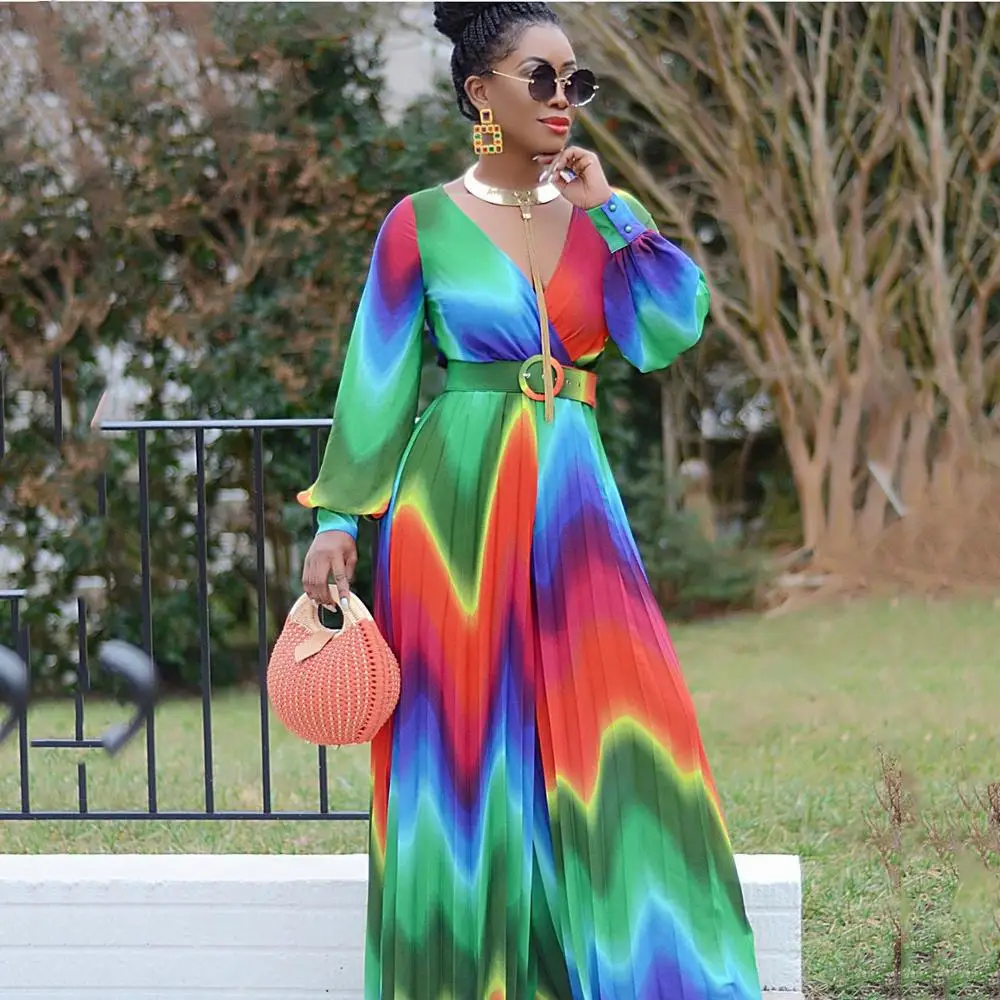 

colorful printing high street fashion elegant ladies sexy jumpsuits new arrival 2020 autumn long sleeve wide leg pants rompers