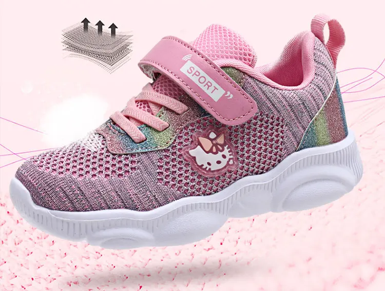 Hello kitty/детская обувь для девочек; осенние детские спортивные повседневные кроссовки; Высококачественная сетчатая обувь для девочек; дышащая обувь; светильник