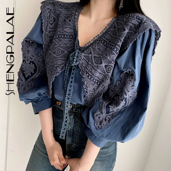 SHENGPALAE 2020 осень Новое поступление 3 цвета женские блузки Вышивка с пышными
