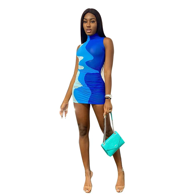 

Sexy High Waist Patchwork O Neck Women Dress Sleeveless Tie Dye Bodycon Spring Casual Female Dresses Vestidos Fashion