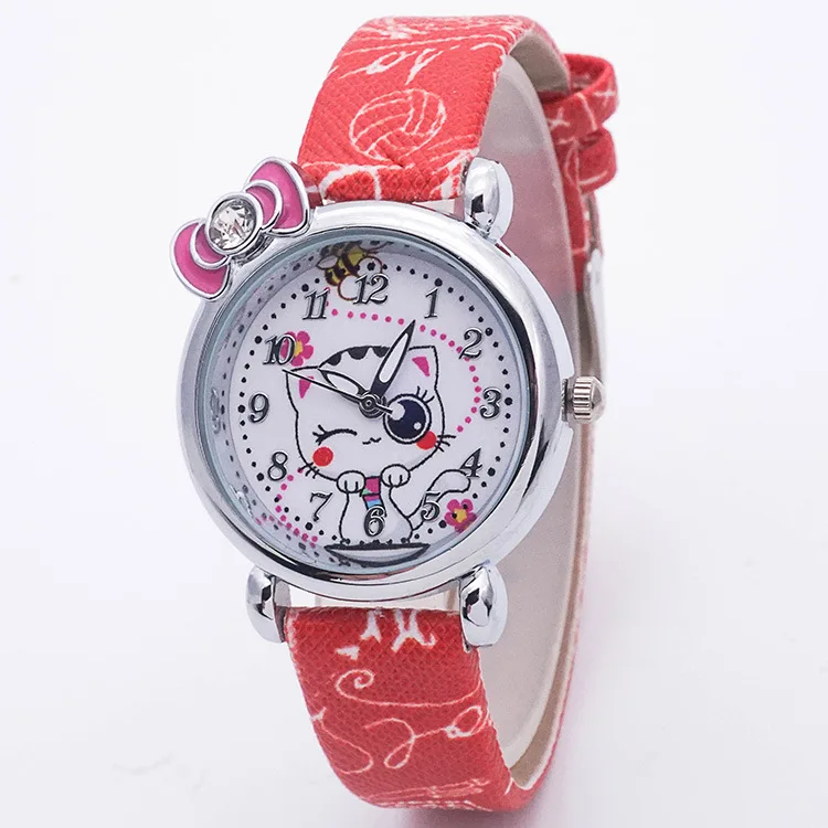 

Kawaii Watches For Children Cute Cartoon Cat Digital Bow Tie Pink Leather Quartz Wristwatches Fashion kids' Watches Relogio Gift