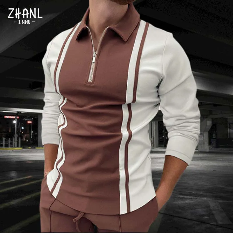 

Autumn Winter Polo Shirt Men Casual Fashion White stripes Long Sleeve Zipper Slim Fit Polos for men Shirt Plus Size Tees Top