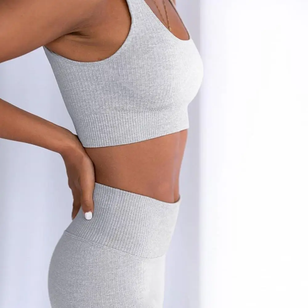 

Women Seamless Running Set Fitness Sports Suits GYM Yoga Sleeveless Shirts High Waist Leggings Workout Pants Shirts Solid Color