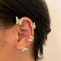 cute metal butterfly ear clips ear hook non piercing earrings for women shiny rhinestones ear cuff clip earrings wedding jewelry