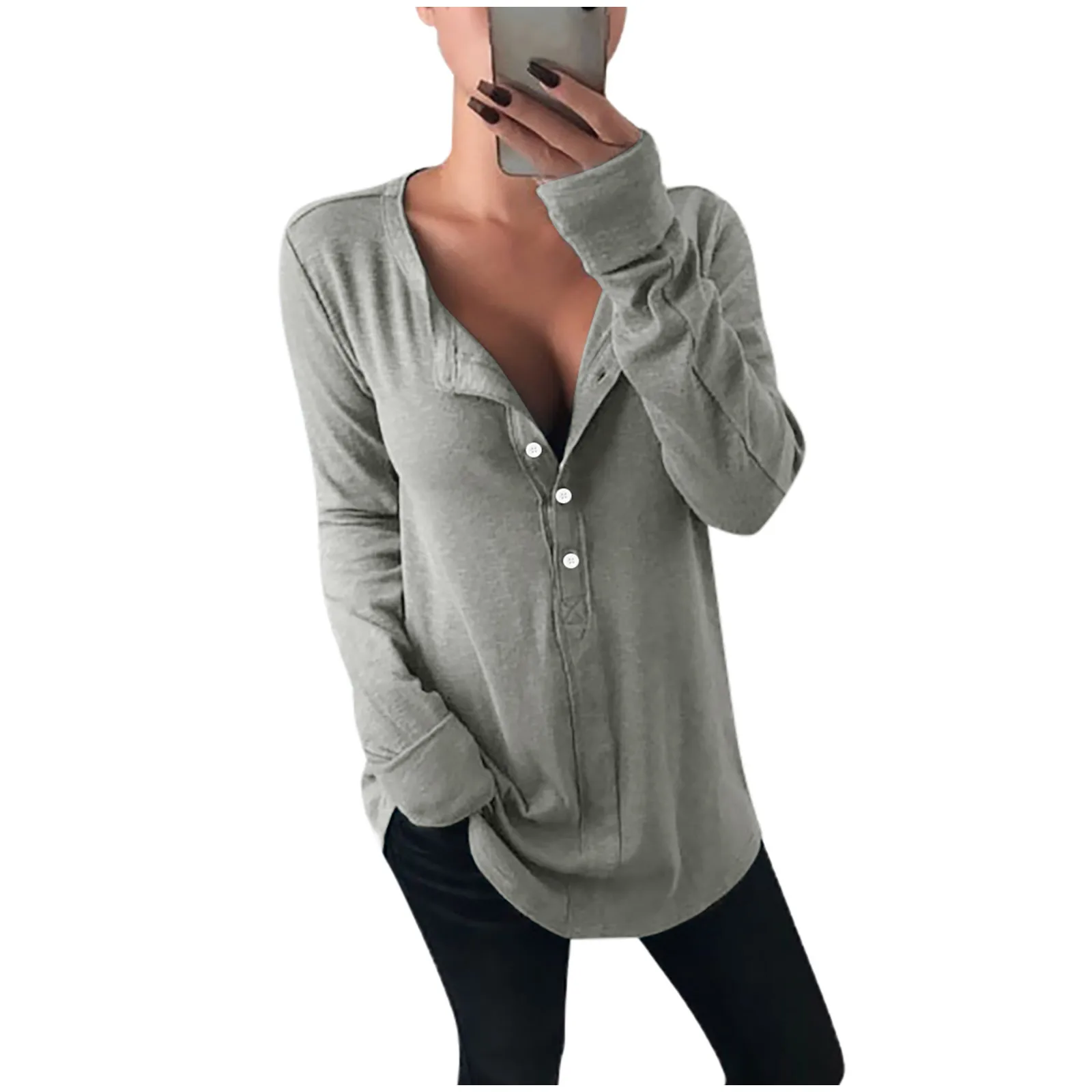 

Women's Fashion Long Sleeve O-neck Button Blouse Pure Color Loose Top Blouse New Women Top Casual Camiseta Mujer Navidad