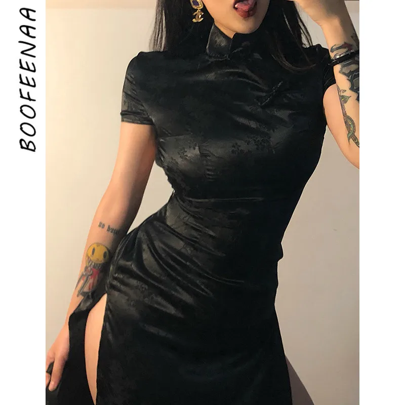 BOOFEENAA черное сексуальное облегающее платье с вышивкой винтажные вечерние ночной