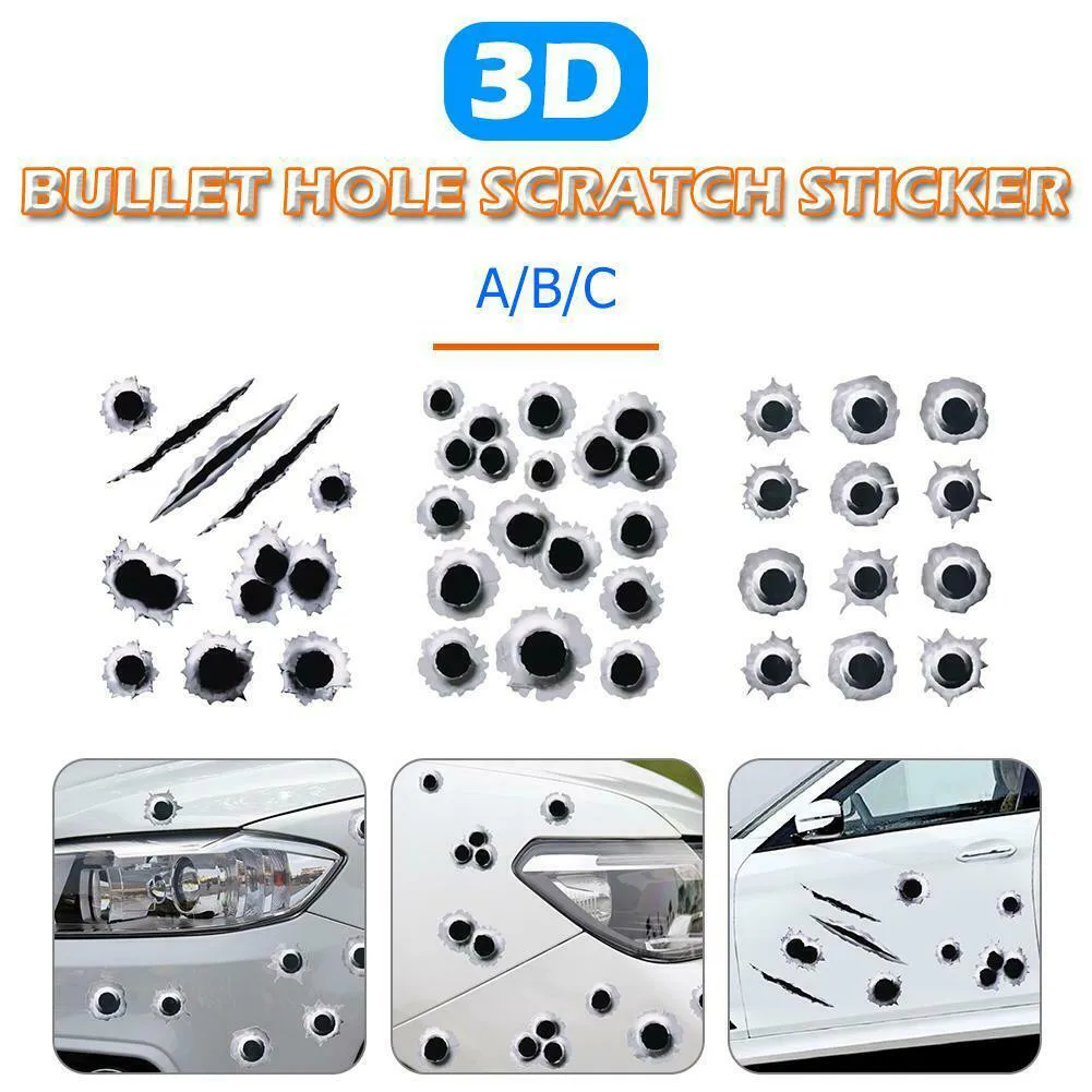 

PVC Car Stickers 3D Bullet Hole Auto Motorcycle Scratch Realistic Funny Decals 3 Decorative Stickers Car Accessories