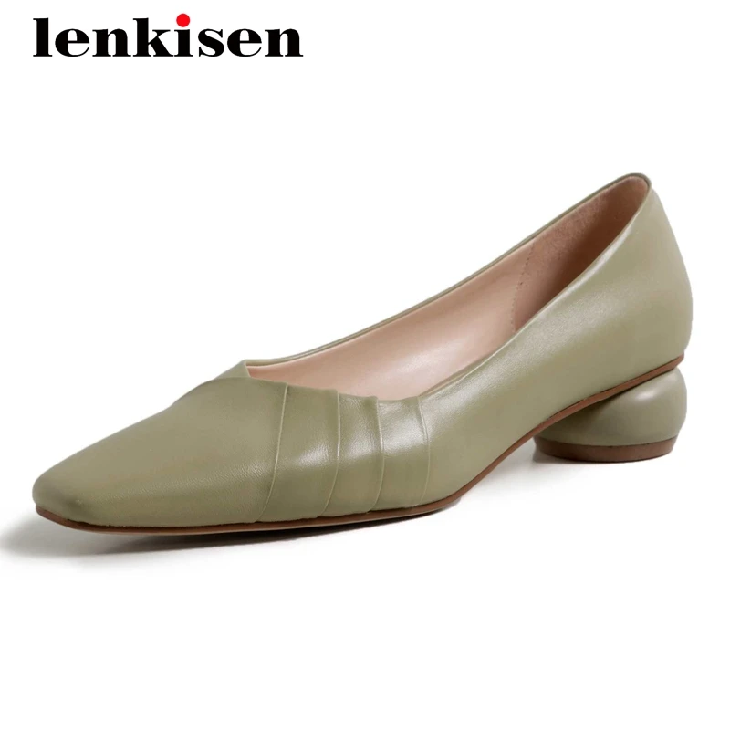 

Lenkisen korean girls genuine leather high quality square toe med round heel slip on pleated dating pretty girls women pumps L29