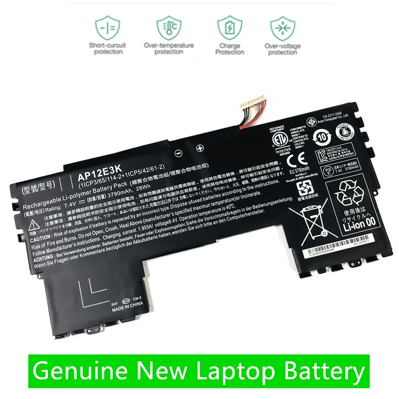 

Аккумулятор для ноутбуков Acer Aspire S7 S7-191, AP12E3K, 11 дюймов, 1/CP3/65/114-2 1/CP5/42/61-2 AP12E3K, 7,4 В, 3790 мАч/28 Вт/ч