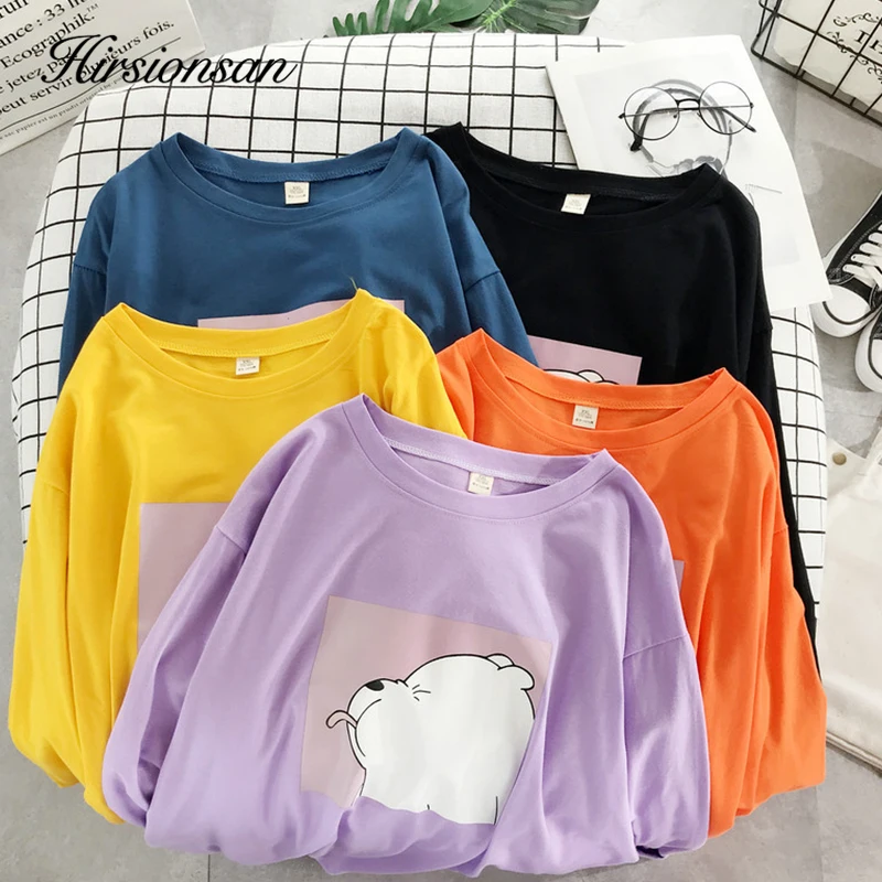 Hirsionsan Kawaii футболка с мультяшным принтом женская 2020 Весна длинным рукавом 100%