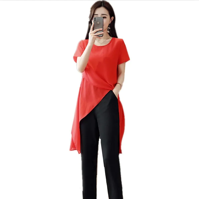 

2021 New Summer Women Chiffon Shirts Fashion Solid Casual Short Sleeve O-Neck Irregular Long Tops