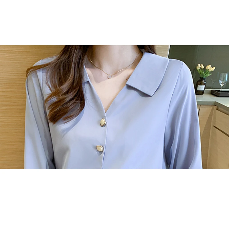 Осенняя блузка с длинным рукавом женская белая шифоновая отложным воротником