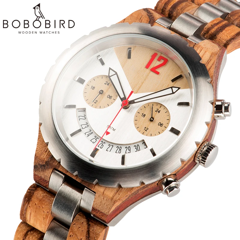 BOBO BIRD Men Watch Luxury Design Multiple Time Zone Clock Wooden Metal Chronograph Watches With Date Display Elegant Timepieces