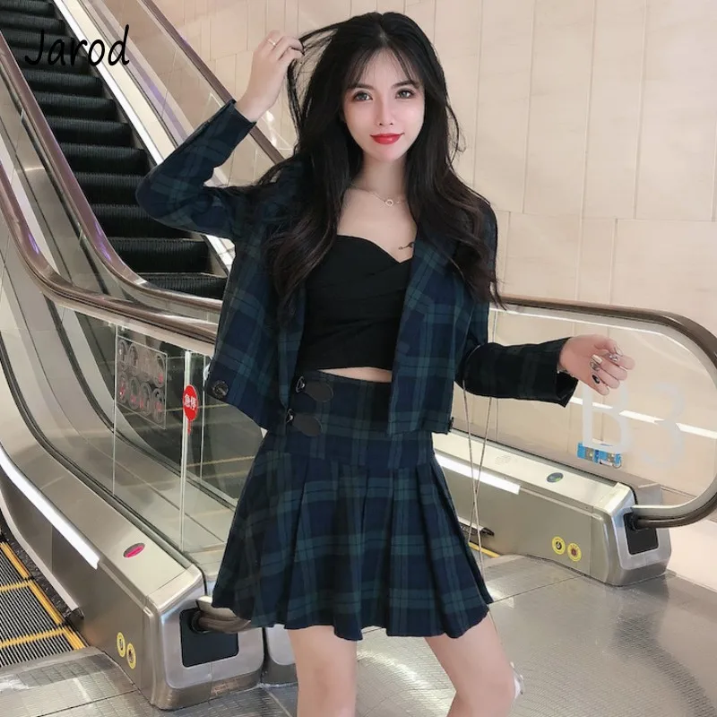 2019 Осенняя модная Женский комплект 2 шт. элегантная клетчатая короткая куртка с