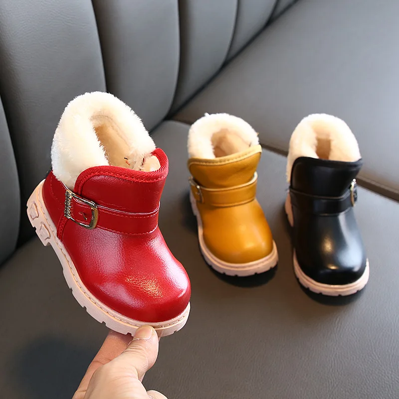 

Kids Girls Snow Boots 2021 Winter Pu Leather Infant Cotton Shoes Buckle Toddler Boots Warm Casual Non-slip Short Plush Warm