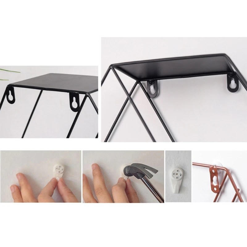 

Hexagon Floating Shelves Wall Mounted Metal Wire Rack Storage Organiser Home Decoration