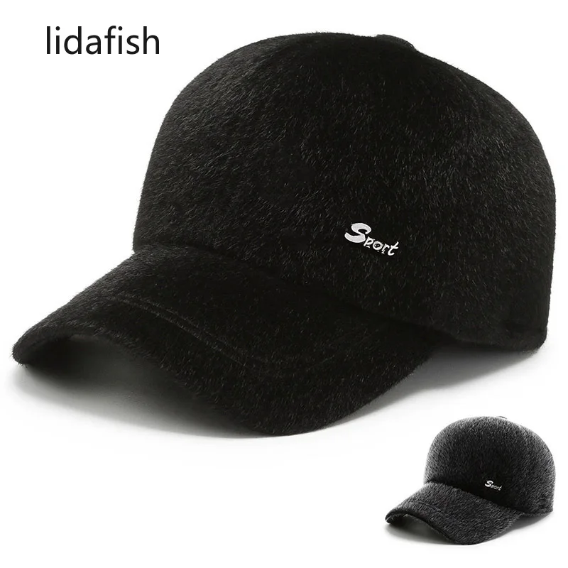 

lidafish Lmitation Mink Fur Baseball Caps For Men Thicken Warm Winter Ear Protection Adjustable Snapback Dad Hat