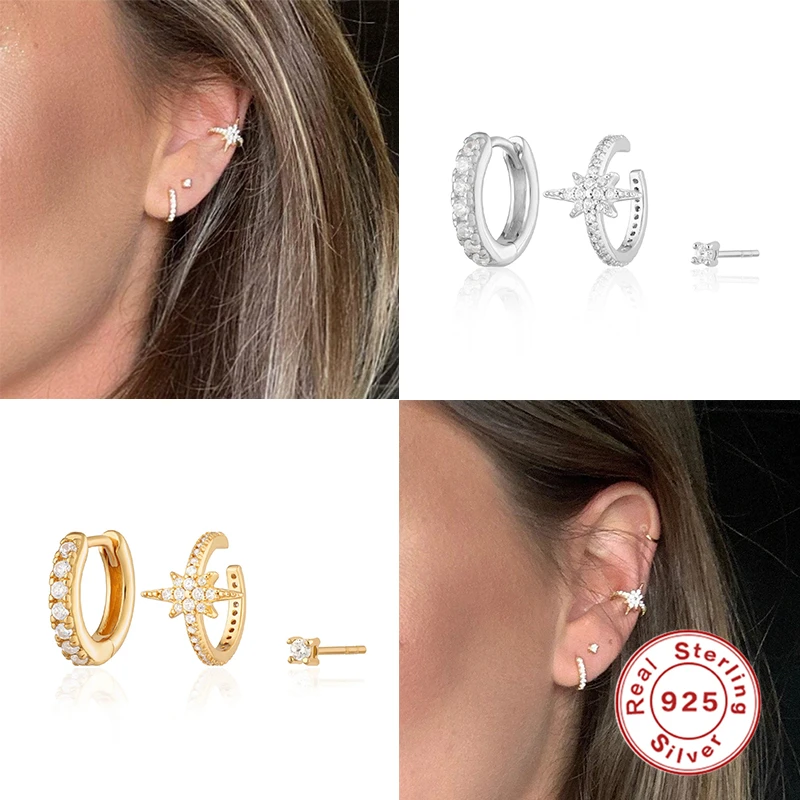 

Aide 925 Sterling Silver Earrings Set Stud /Hoop/Clip Earrings For Women Girls Huggie Ear Bone Piercing Boucle Oreille Femme