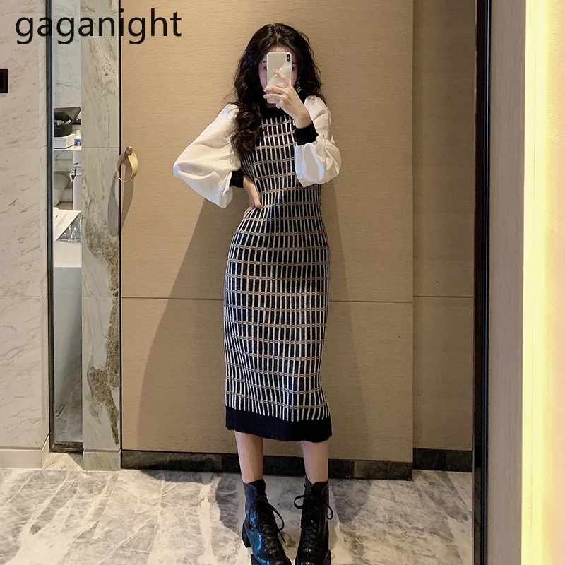 

Gaganight Bodycon Women Plaid Dress Long Sleeve O Neck Chic Korean OL Slim Vestidos Patchwork Elegant Vintage Women Dress 2021