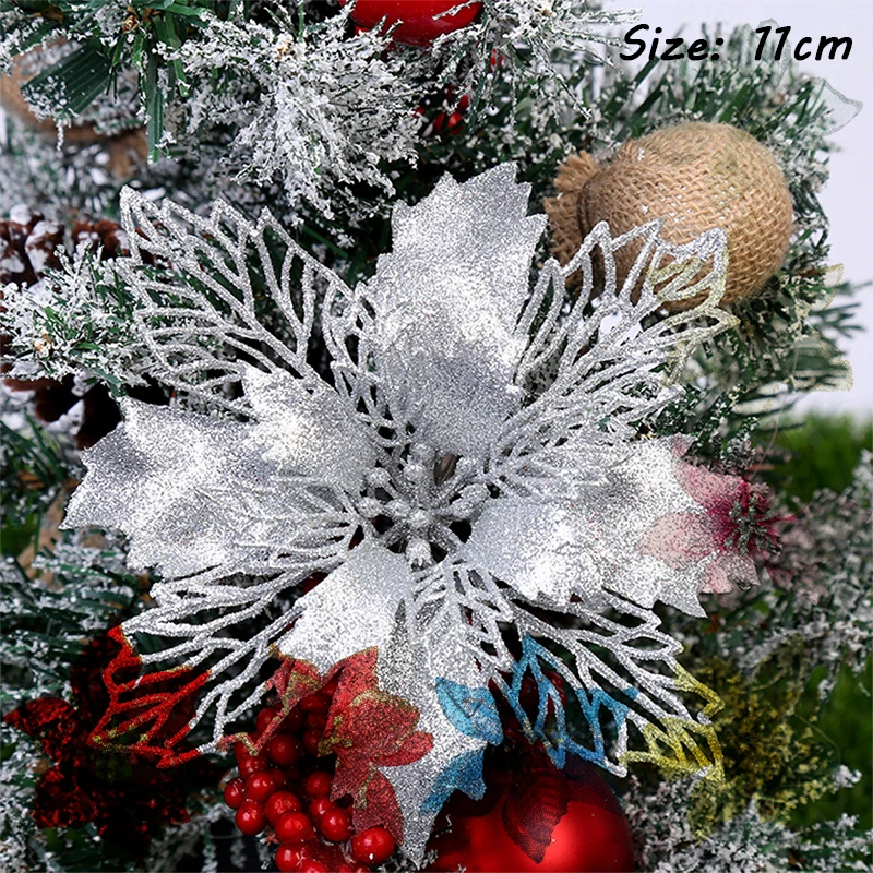 LAPHIL 10pcs Artificial Christmas Flowers Glitter Fake Flower Xmas Tree Ornaments Home Decorations Merry Christmas Party Gift