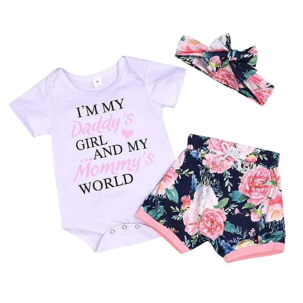 

Girls Clothing Sets 2019 New Infant Baby Girl Short Sleeve Letter Print Romper Bodysuit + Floral Short + Headband Outfit bebes