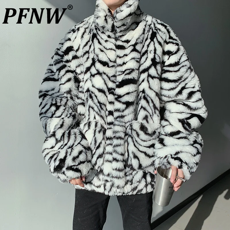 

PFNW Winter New Faux Fur Zebra Leopard Thickened Cotton Clothes Men's Korean Couple Loose Plush Harajuku Stand Collar Warm X0771