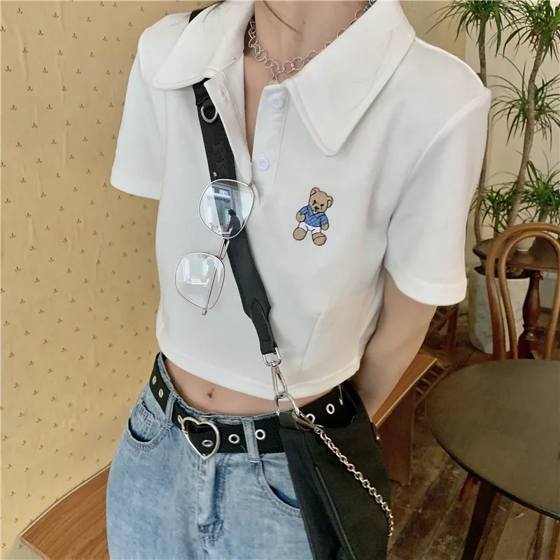 

Plus Size T-shirt Women Summer Y2k Tops Korea Ulzzang Cute Bear Embroidery Loose Harajuku Tee for Kawaii Girls Tshirt Oversize