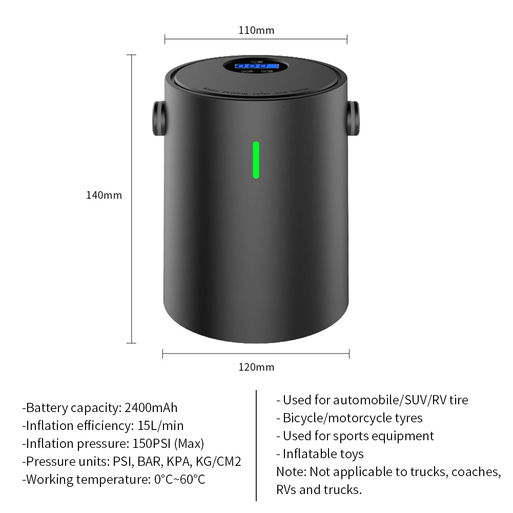 Портативный воздушный компрессор надувной насос с ЖК-дисплеем 12 В 150psi USB