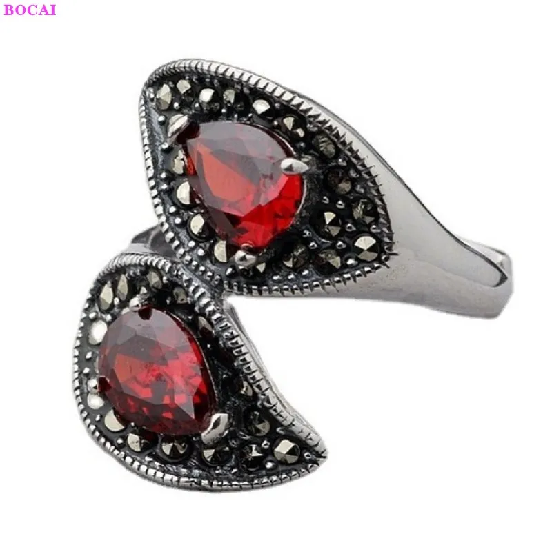 

BOCAI 100% S925 Sterling Silver Rings Water Drop Garnet Chalcedony Agate Pure Argentum Color Gemstone Marcasite Rings For Women