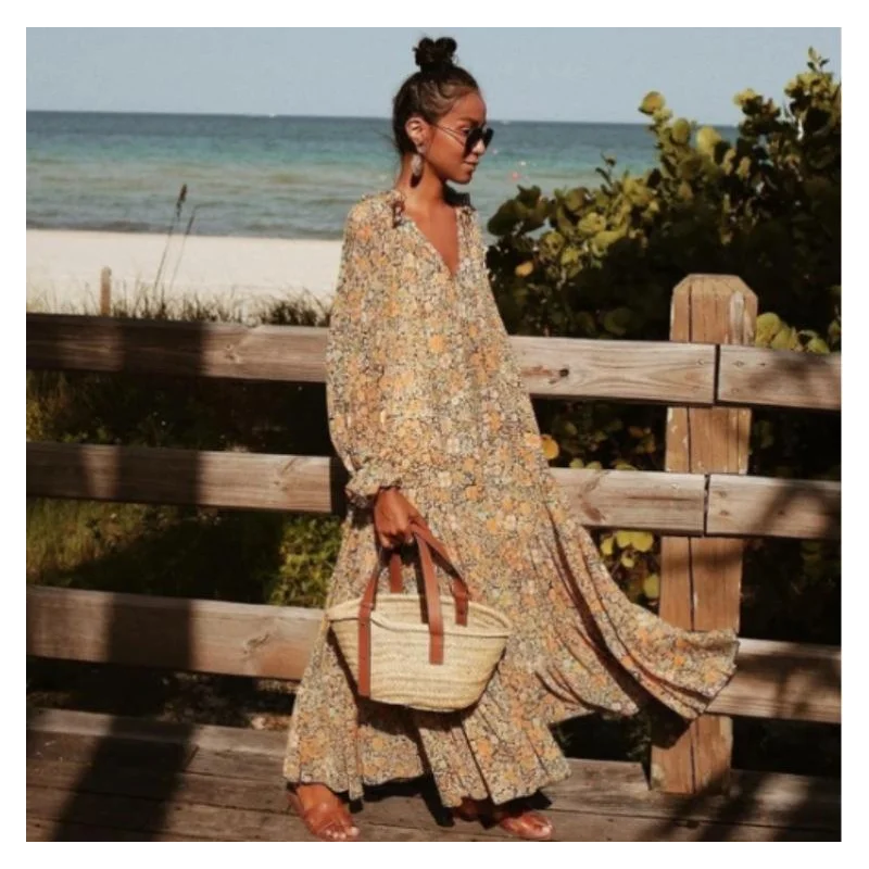 

Summer Bohemian Flower Printed Long Skirt Fashion V-neck Womens Ruffle Skirt Butterfly Sleeve Dress Beach Skirt