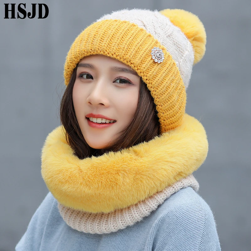 Зимняя женская двухцветная вязаная шапка и толстый плюшевый шарф комплект из 2