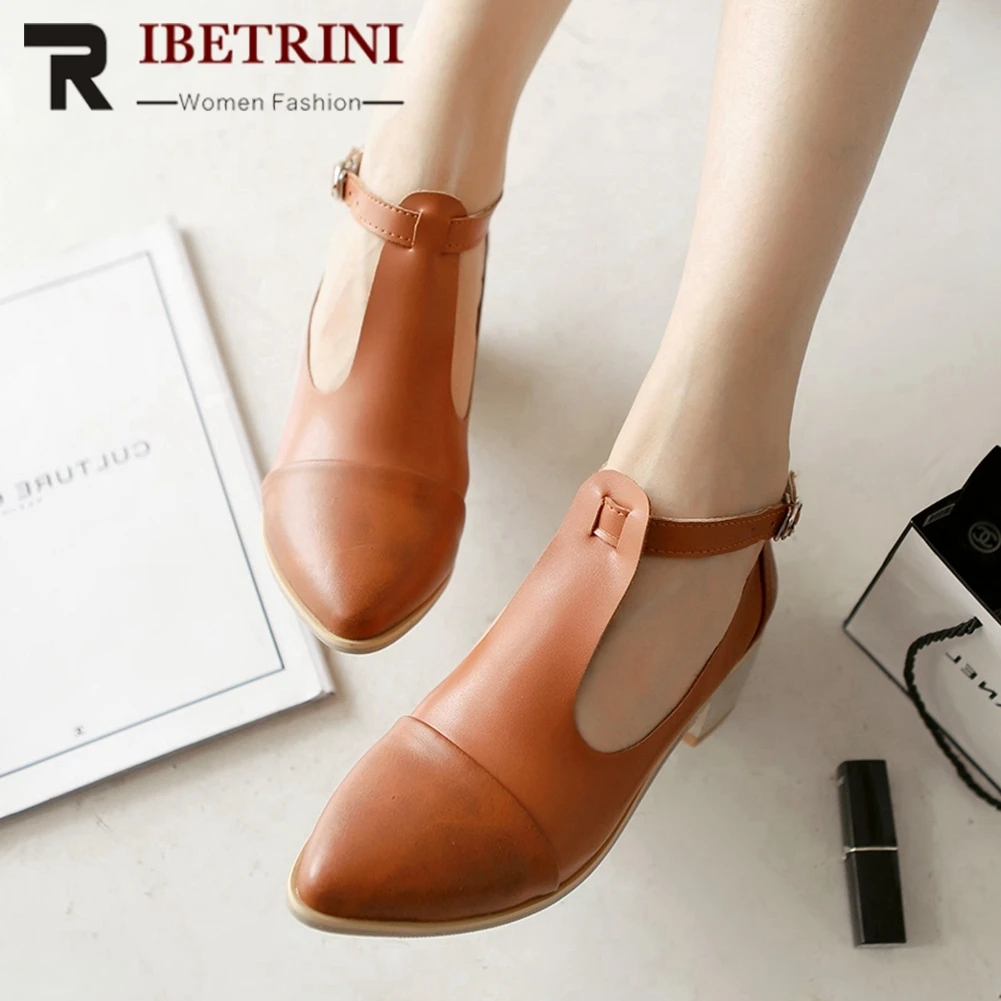 

RIBETRINI Ankle Buckle t-strap Shoes Women Black Big Size Pointed Toe Pumps Leisure Fashion High Heel Office Pumps