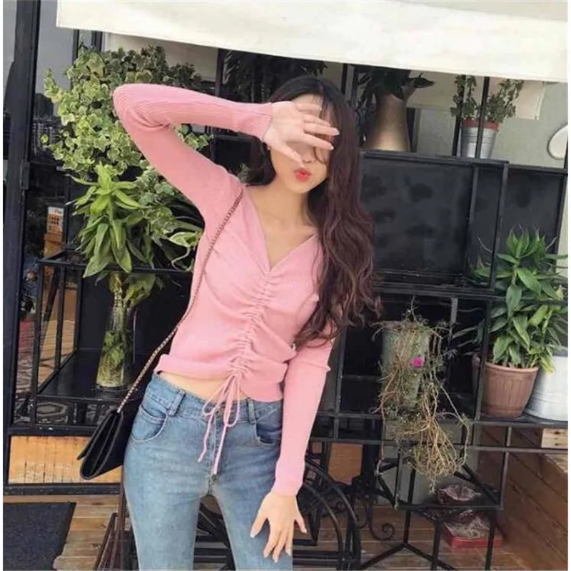 

New Sping V-neck Shirt Korean Long Sleeve Drawstring Knit Sweater Blouse