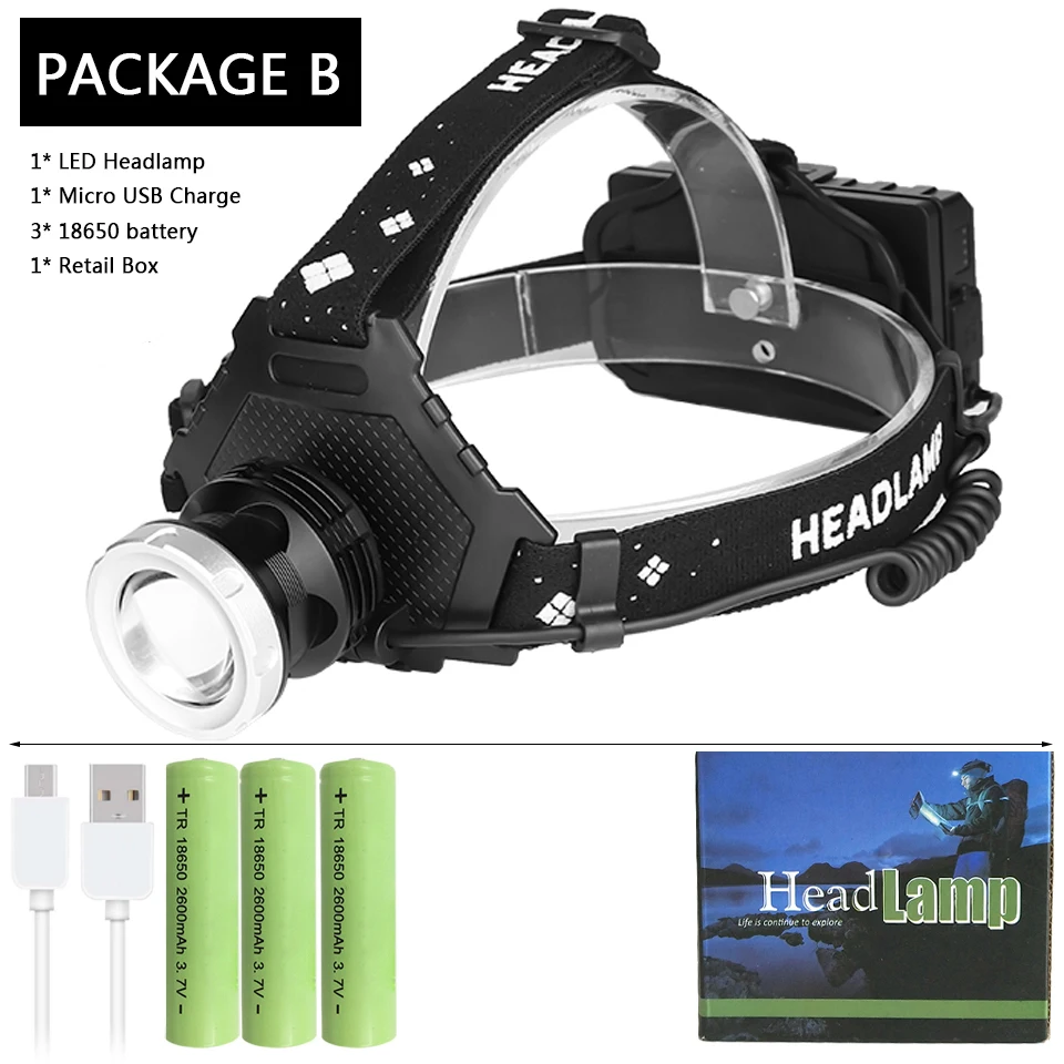 Package B Мощный налобный фонарь Yunmai, светодиодный налобный фонарь, налобный фонарь 32 Вт, налобный фонарь, внешний аккумулятор 7800 мАч, аккумулятор 18650, XHP50.2, XHP70.2 - Испускаемый цвет: Package B