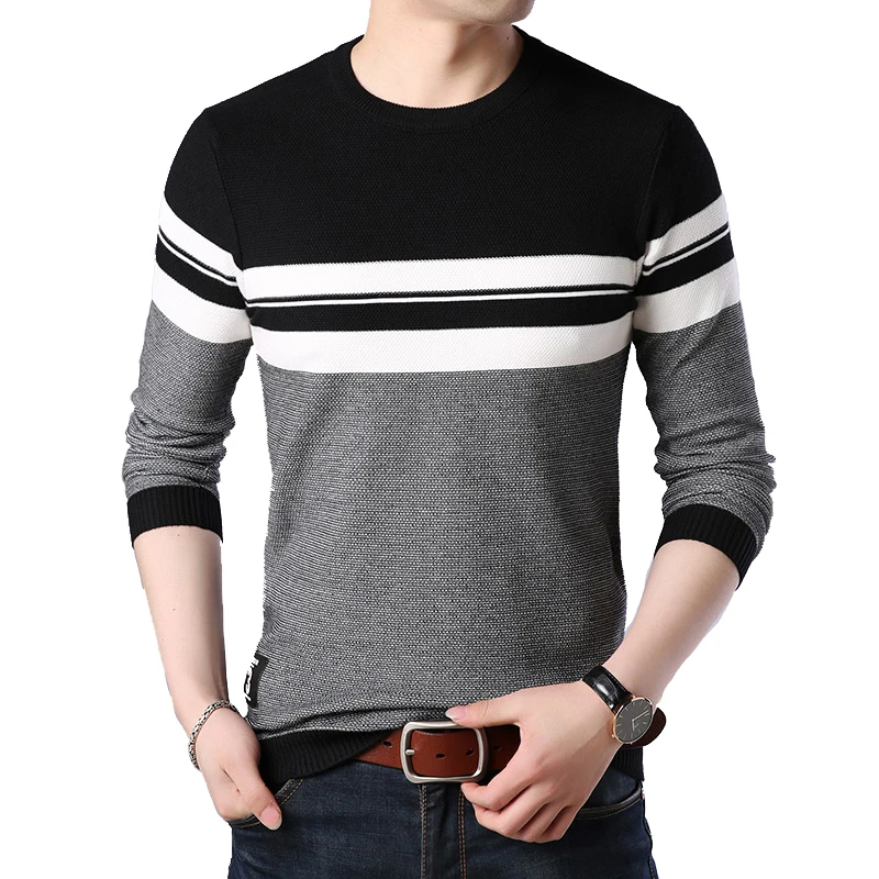 

TFETTERS 2021 Autumn Casual Men's Sweater Men's O-neck Long Sleeve Business Striped Slim Sweaters Knittwear Pullovers