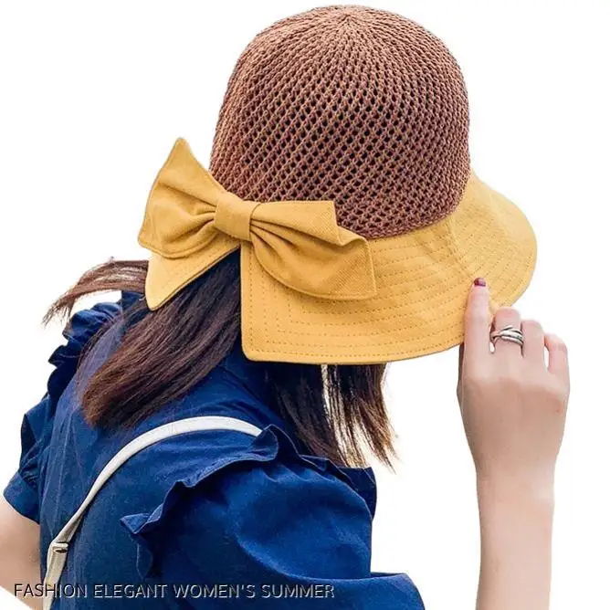 

New Women's Hat Bow Fisherman Hat Sun Protection Stitching round Wide-Brimmed Sunhat Quick delivery