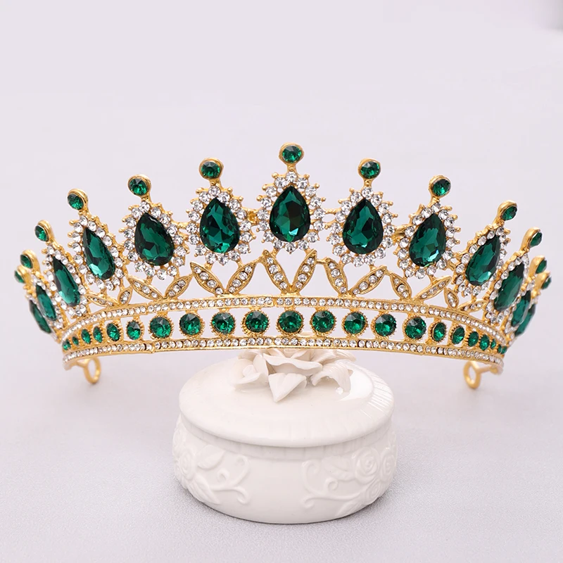Green Vintag Baroque Green Crystal Crown Queen Tiara Wedding Hair Accessories Rhinestone Bridal Crown Prom Show Hair Jewelry For Bride - Окраска металла: Green