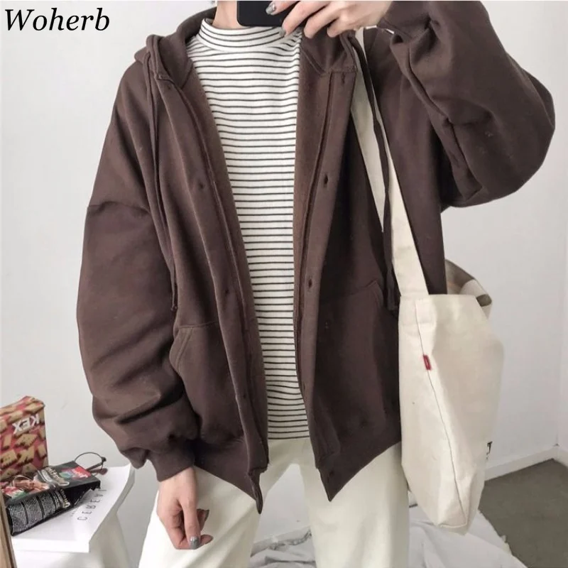 Woherb/Винтажные модные толстовки женские однотонные толстовки с длинным рукавом Толстовка с капюшоном свободный однобортный Топ уличная одежда 90975