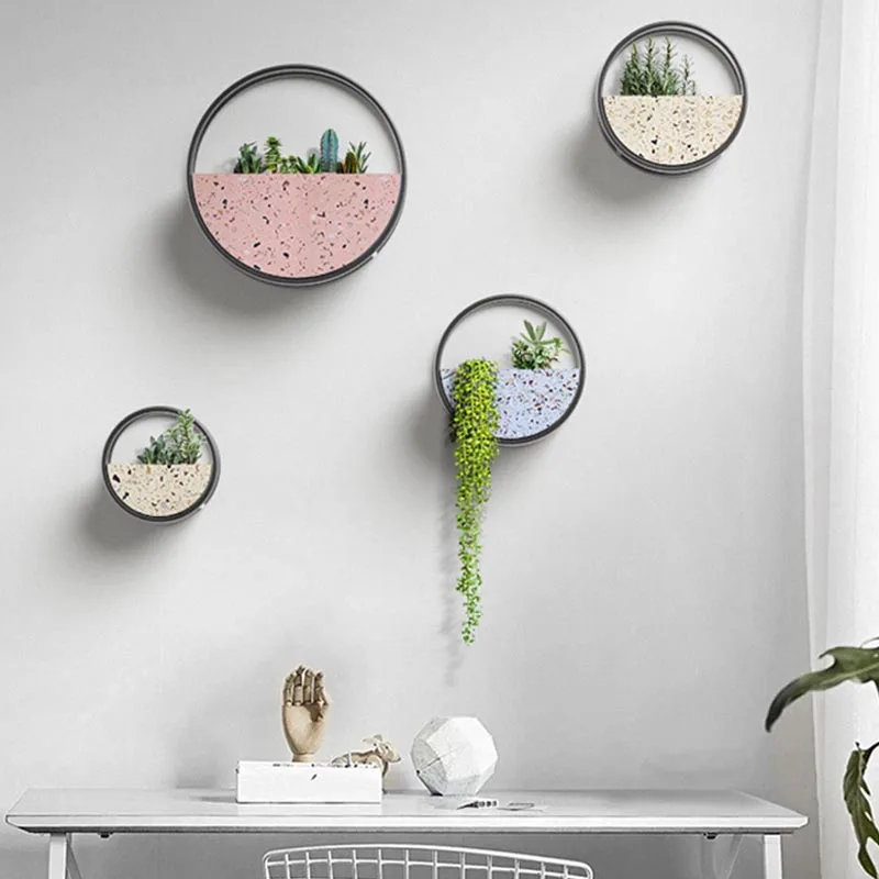

Creative Iron Art Terrazzo Wall Vase Balcony Hanging Flower Pot Simulated Succulent Plant Pot Wall Planters Home Decor Art Vases