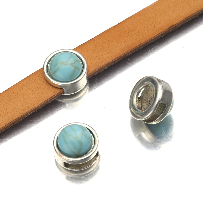 10 шт./лот тибетские серебряные круглые бирюзовые шарики-Слайдеры для плоского