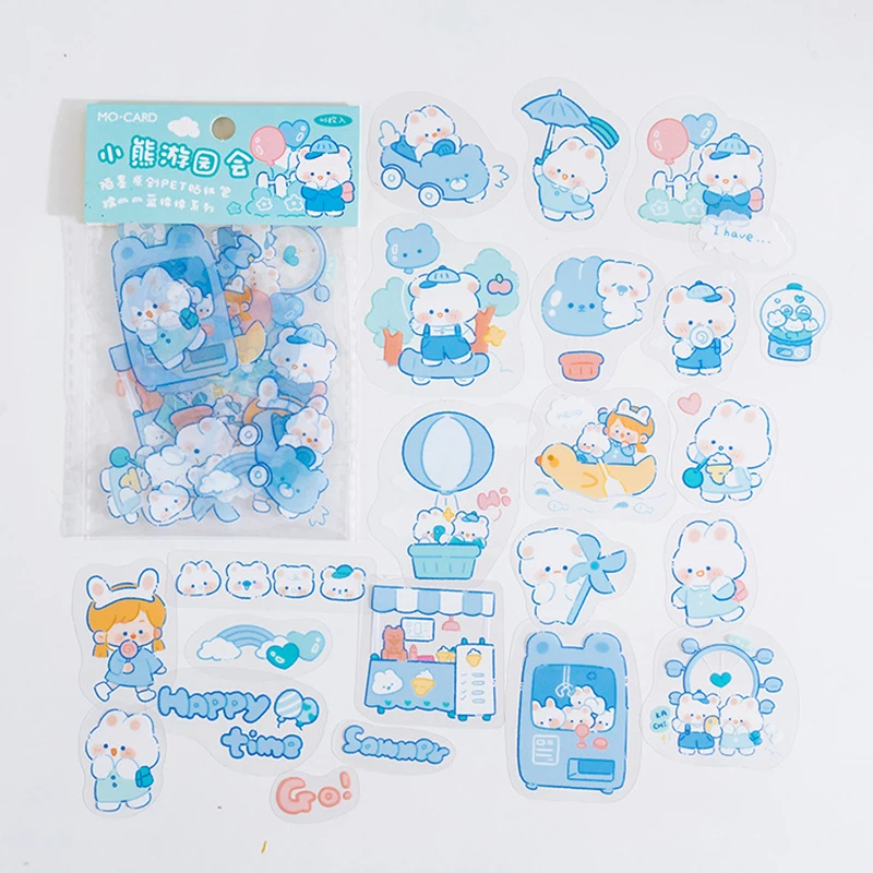 

46pcs Cute Bear Sticker Bag Blue Creative Kawaii Material Diary Hand Account DIY Mobile Phone Case Computer Luggage Decoration