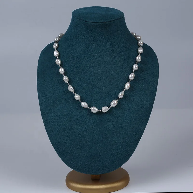 

Handmade 10-11mm Natural Freshwater Baroque Pearl Silver Micro Paved OT Shape Clasp High Quality Necklace