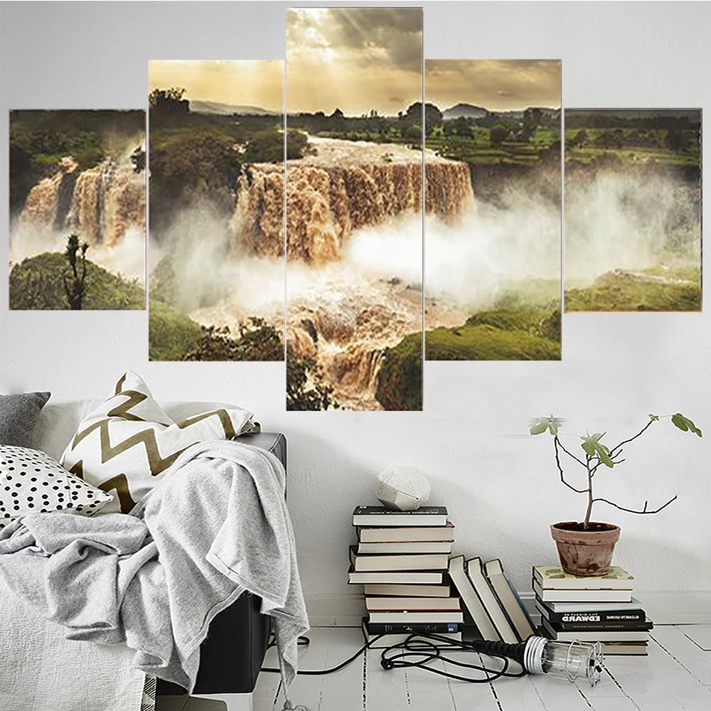 

5 Pieces Wall Art Canvas Painting Waterfall Landscape Poster Modern Living Room Home Decoration Framework Pictures Modular