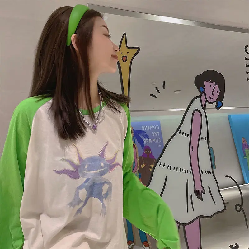 

Pure cotton T-shirt girl Korean fashion 2021 summer new trend loose cartoon printing t-shirt women long-sleeved bottoming shirt