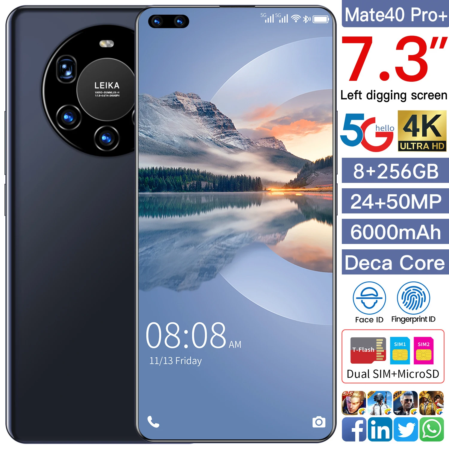 

Mate40 Pro+ 7.3 Inch Big Screen Android10 Smartphone 6000mAh 8 256GB Dual SIM Face Unlock 5G LTE 4G Full Glass Global Cellphones