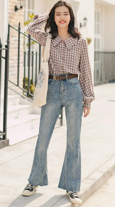 INMAN Winter New Arrival Literary Retro 100%Cotton Doll Collar Plaid Loose Long Sleeve Women Blouse