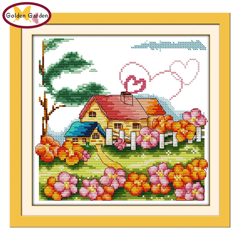 

GG Rural Cottage Cartoon Counted Cross Stitch 11CT14CT DIY Kits Needlework Embroidery Joy Sunday Cross Stitch Sets for Kids