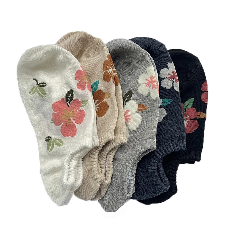 5 Pairs Set Flowers Socks Women Pack Ankle Harajuku Kawaii Cute Cotton Skarpetkie Damski Korea Style Floral Invisible No Show