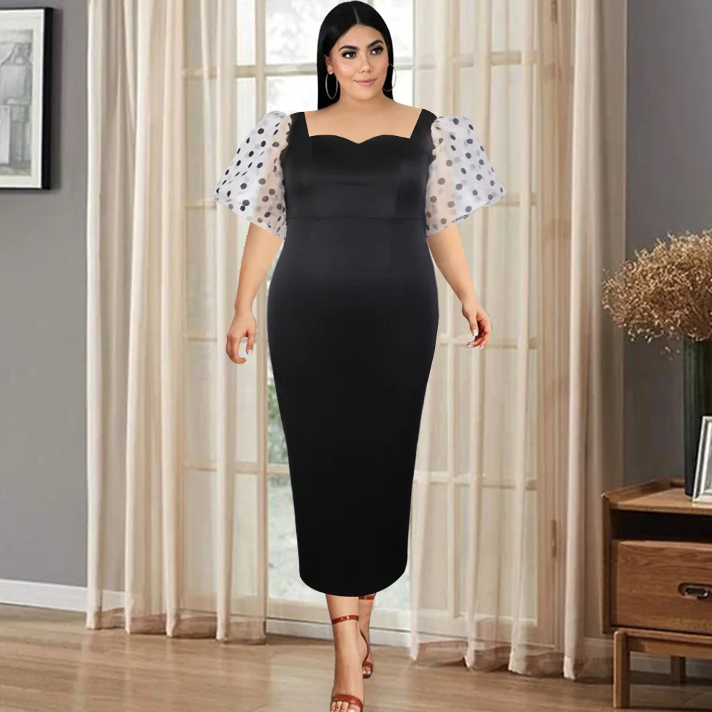 

Summer Dress Women Plus Size 4XL 3XL V Neck Office Lady Dot Short Puffl Sleeve Bodycon Split Evening Party Wear Robes 2021 New